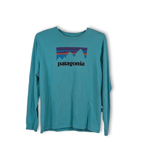 Patagonia Shop Sticker Long Sleeve Tee Mens Medium Turquoise Organic Cotton - Picture 3 of 9